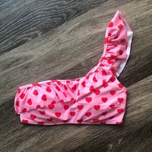 Pink One-Shoulder Bikini Top with Red Hearts and ruffles, Lazy Oaf, size: XL
